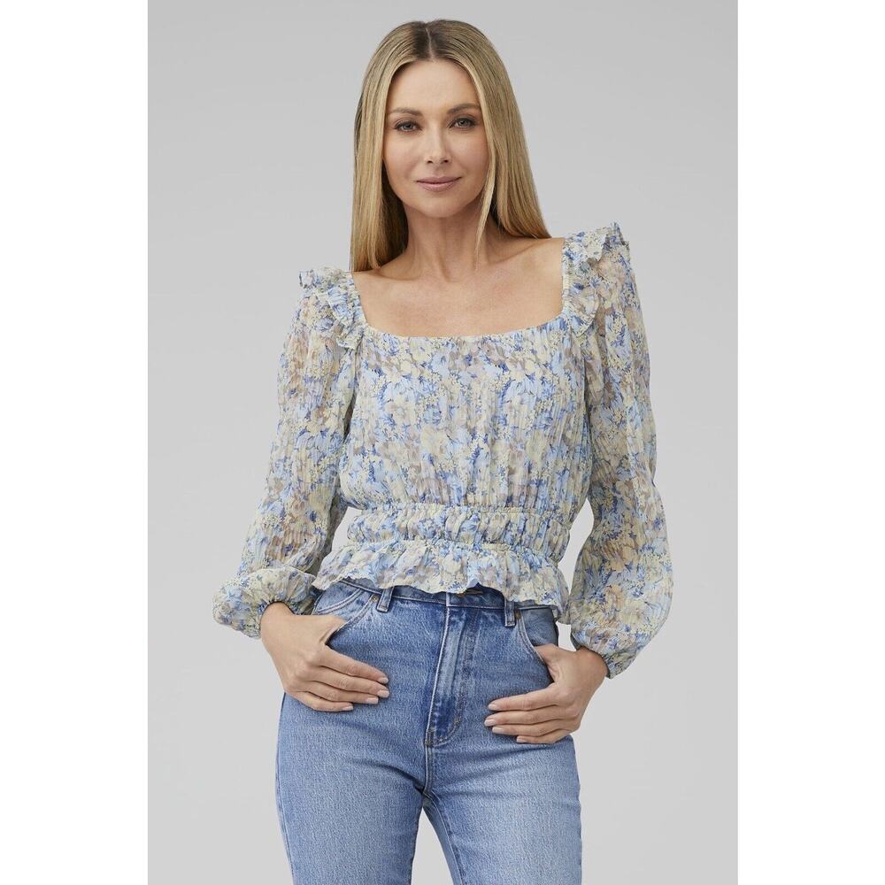 ASTR The Label Blouse Elva TOP Floral Ruffle Ruched Smocked Festival New Taupe